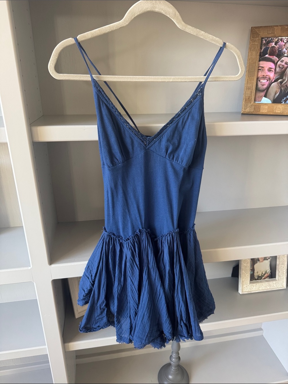 Free People Navy Blue Lace-Trim Slip Dress